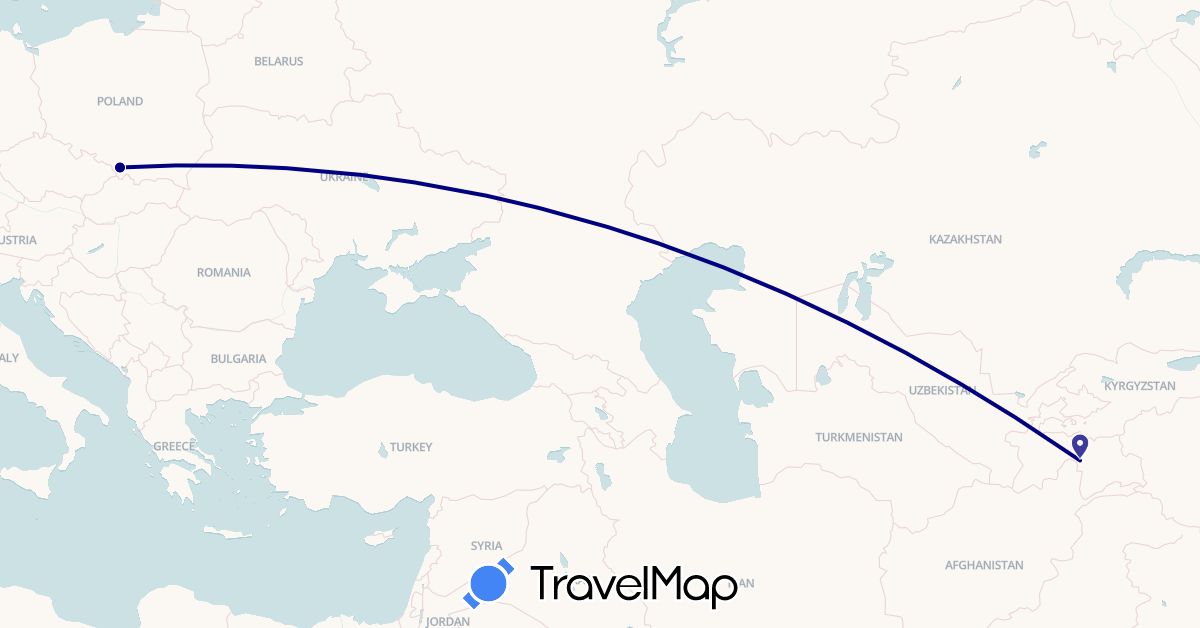 TravelMap itinerary: driving in Poland, Tajikistan (Asia, Europe)